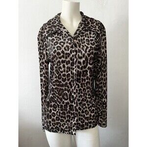 Vintage 80s Selection Brown Large Leopard Animal Print Large Button Down Blouse